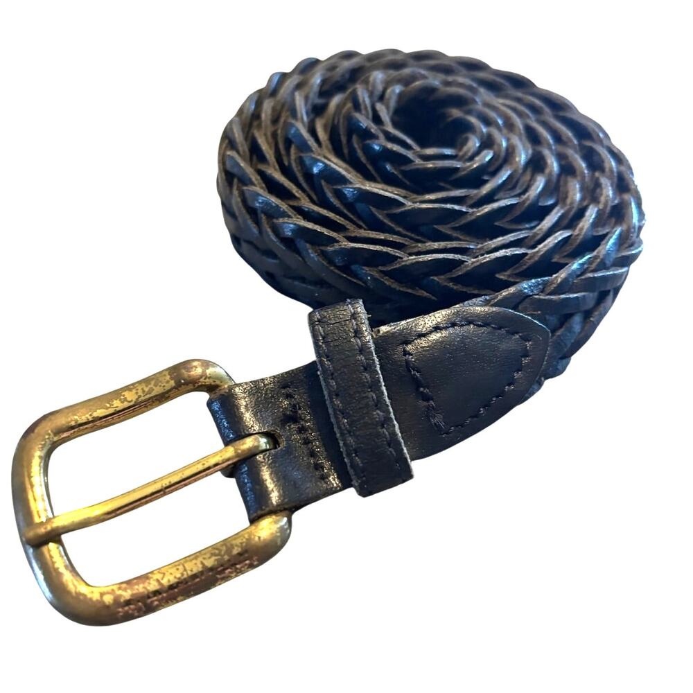 VTG Black Braided Leather Belt Woven Wheat Gold Brass Buckle, Size XL- XXL - Picture 2 of 8